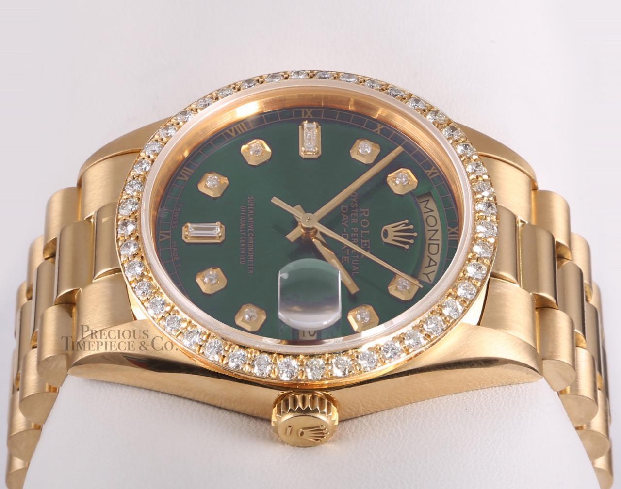 Rolex President 18k Yellow Gold 18038-Green Baguette Diamond Dial-Diamond Bezel