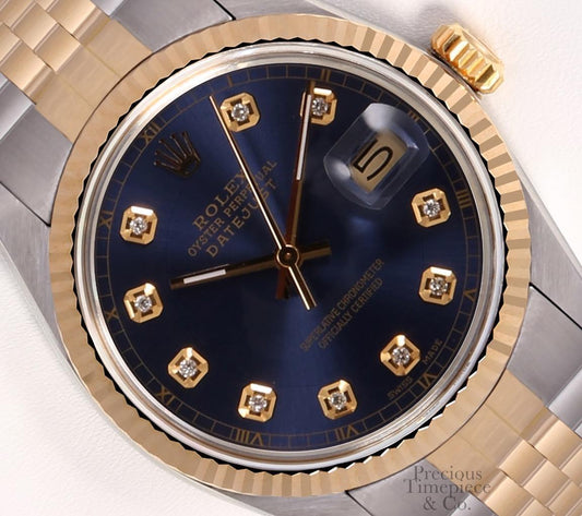 Rolex Datejust 36mm Two Tone Stainless Steel 18k Fluted Bezel-Navy Diamond Dial