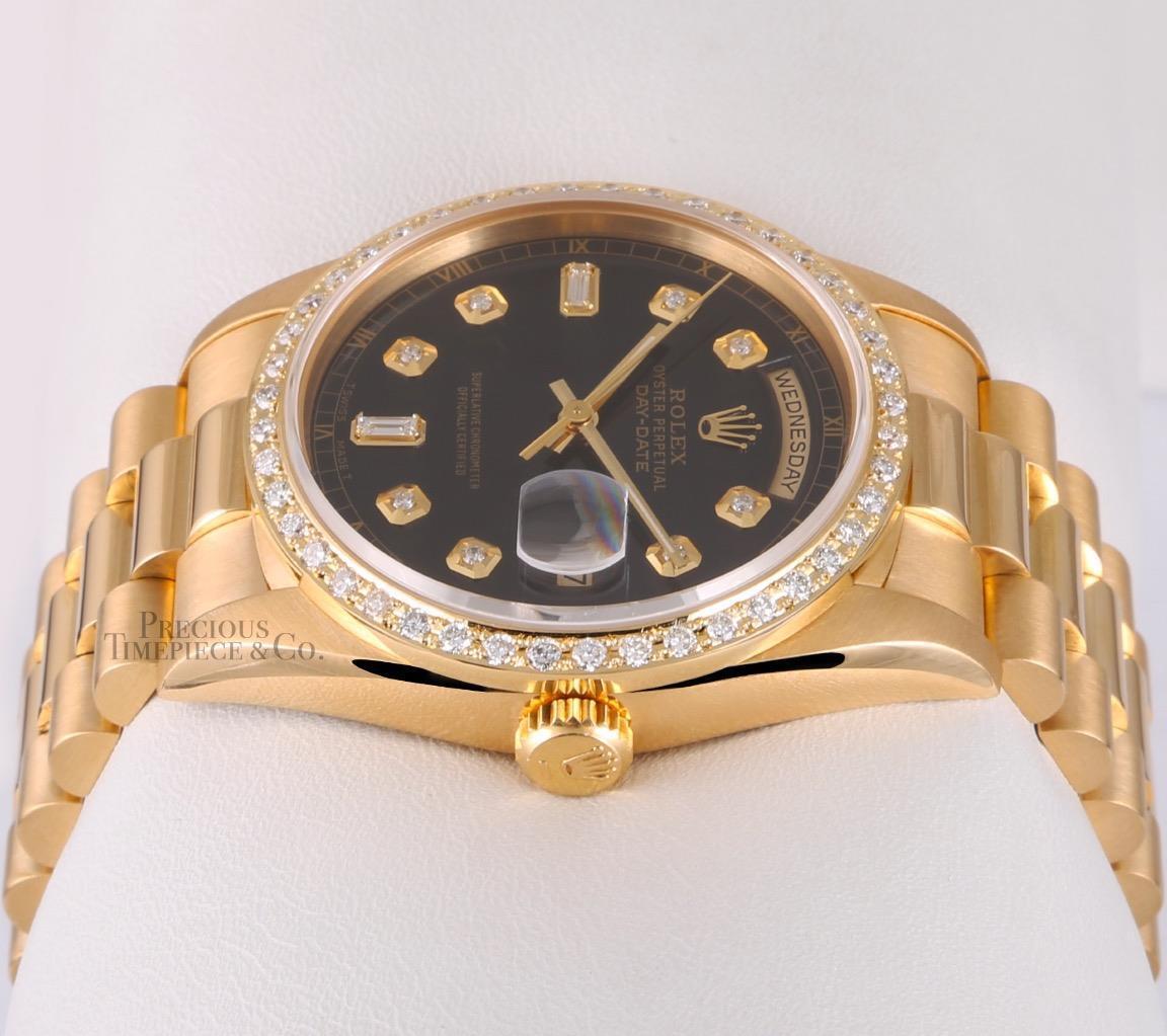 Rolex President 18k Yellow Gold 18038 Black Baguette Diamond Dial Diamond Bezel