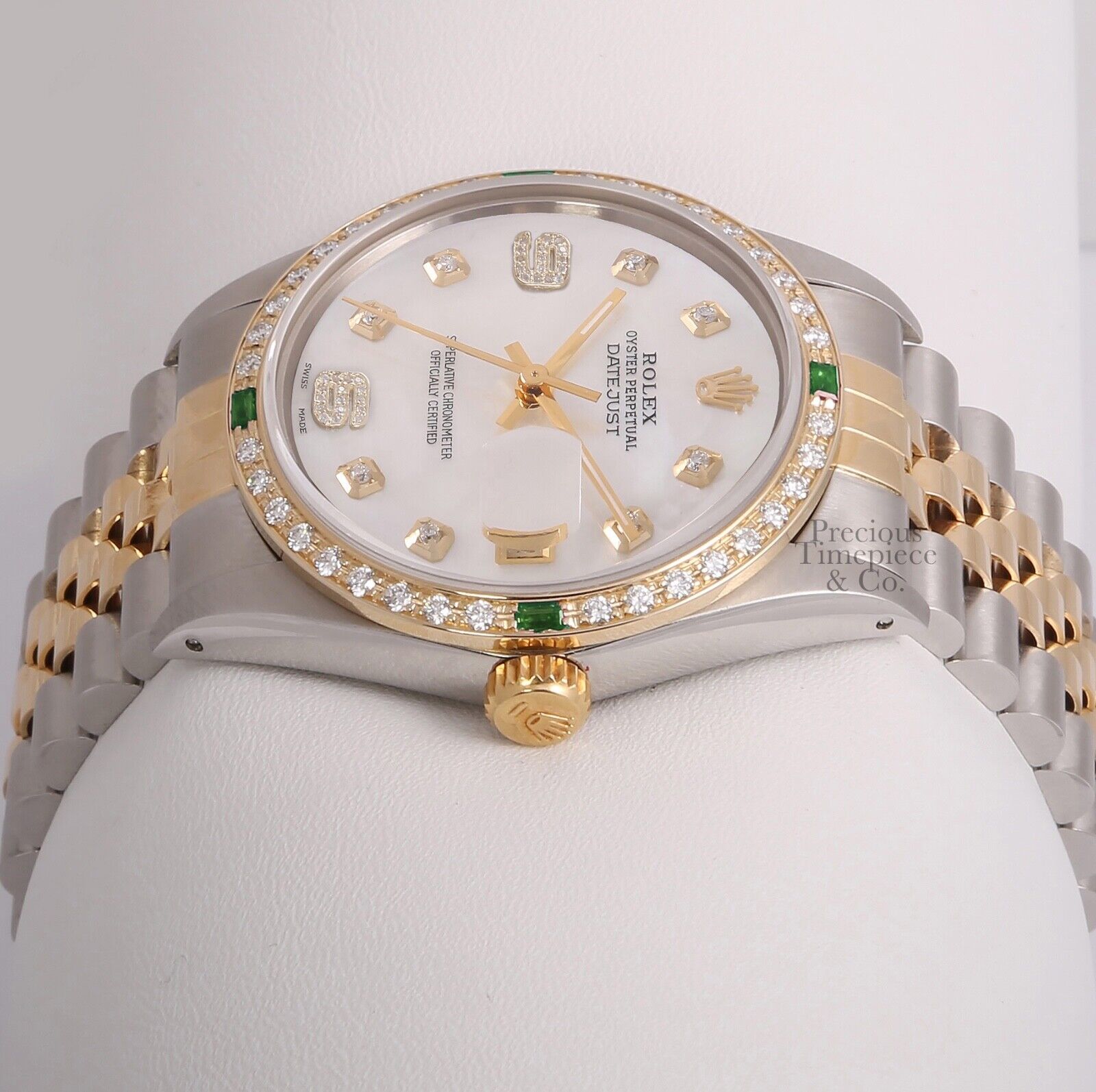 Rolex Datejust 36mm Two Tone 18k Emerald Diamond Bezel-White MOP Diamond 6&9