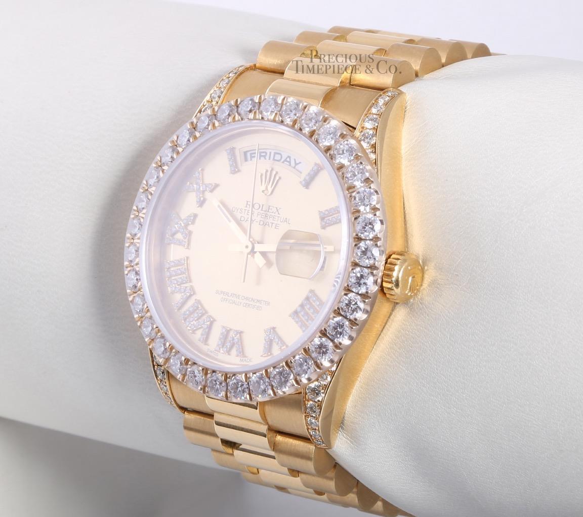 Rolex Day-Date 18238 36mm 18k Gold 3CT Diamond Bezel-Diamond Lugs-Roman Dial