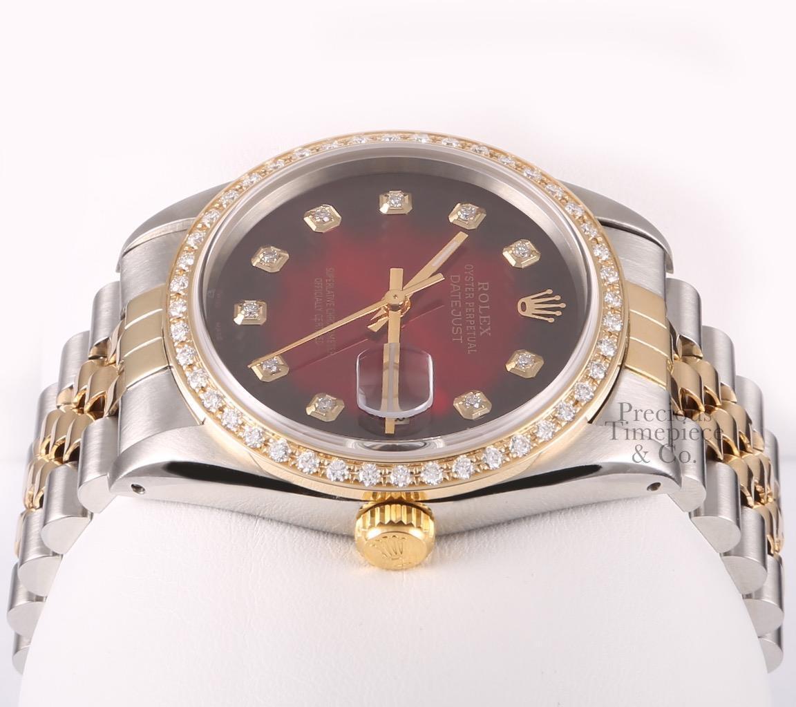 Rolex Datejust Two Tone 36mm Watch-18k Diamond Bezel-Red Vignette Diamond Dial