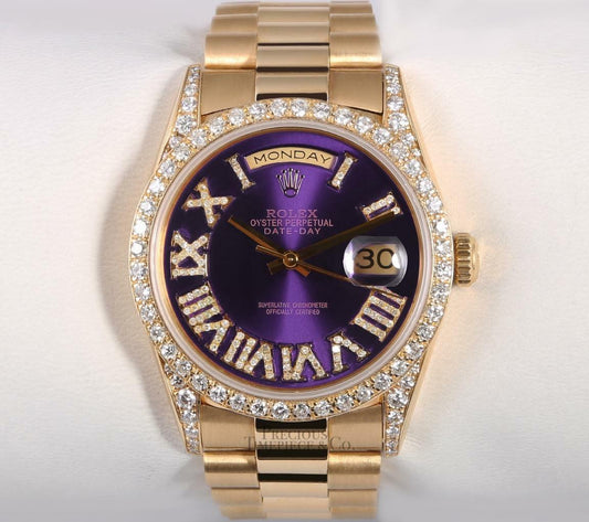 Rolex Day-Date 18238 36mm 18k Gold-Purple Roman Dial-Diamond Lugs-Diamond Bezel