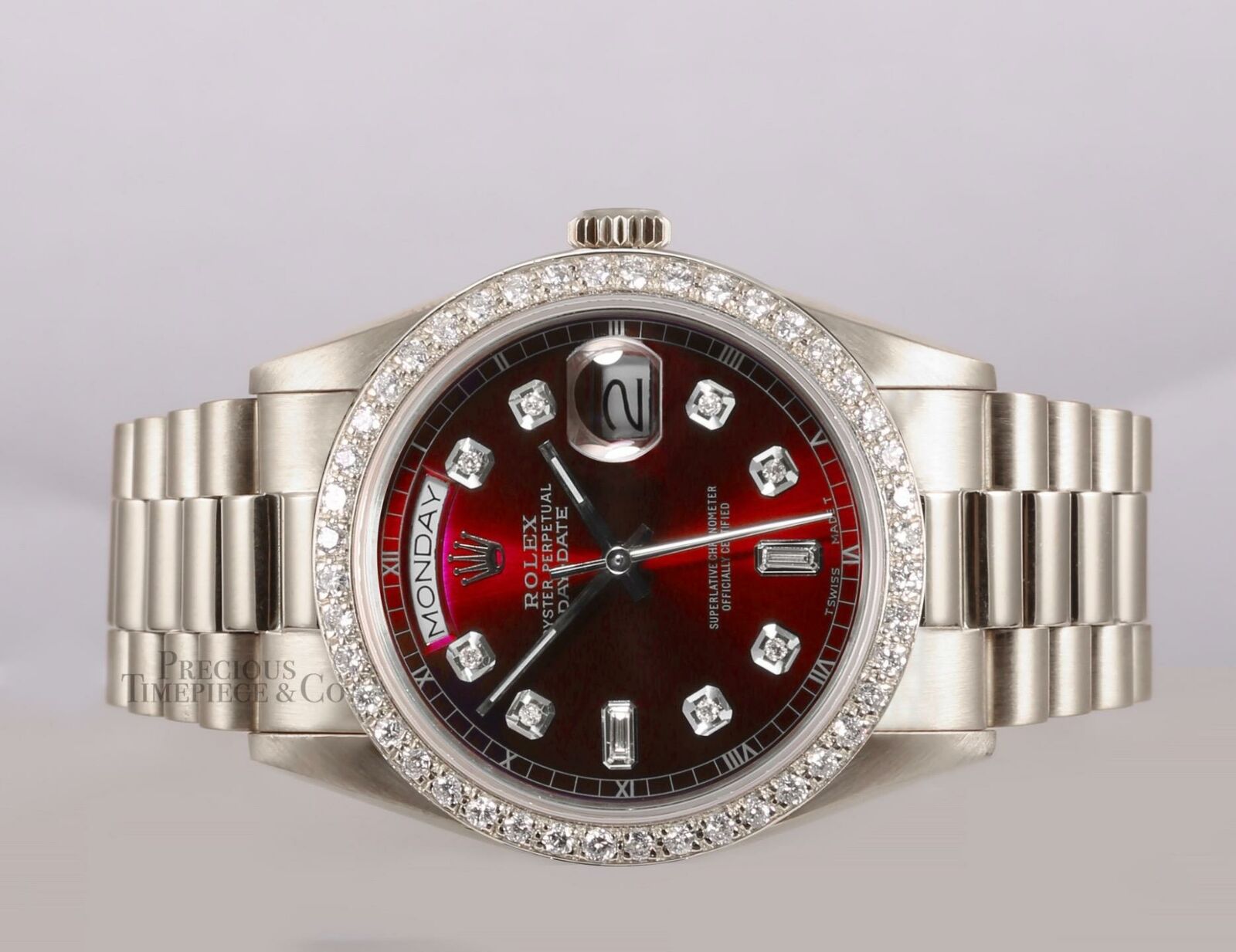 Rolex Day-Date 18239 Presidential 18k White Gold 36mm-Red Dial-Diamond Bezel