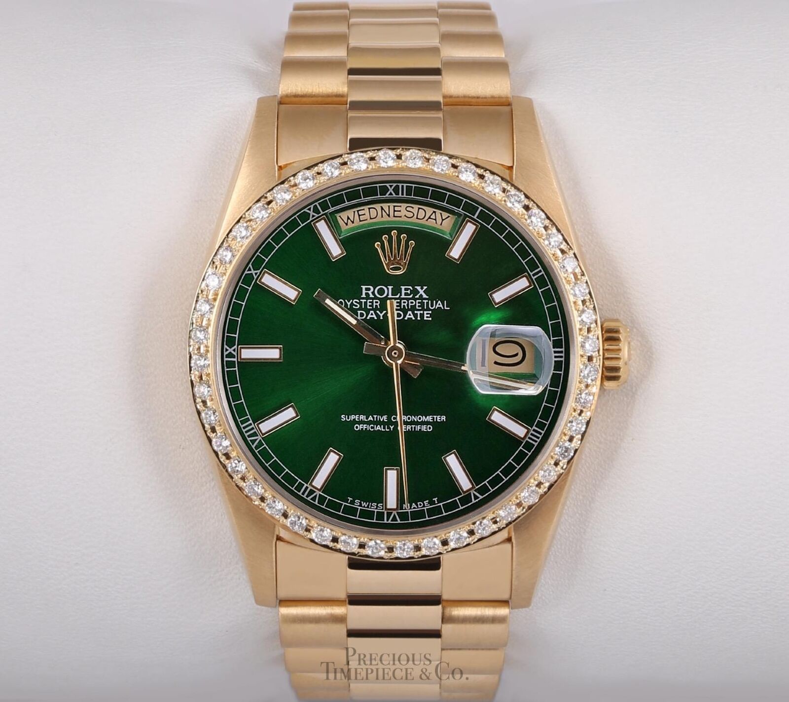 Rolex Day-Date 18038 Presidential 18k Gold Diamond Bezel 36mm-Green Stick Dial