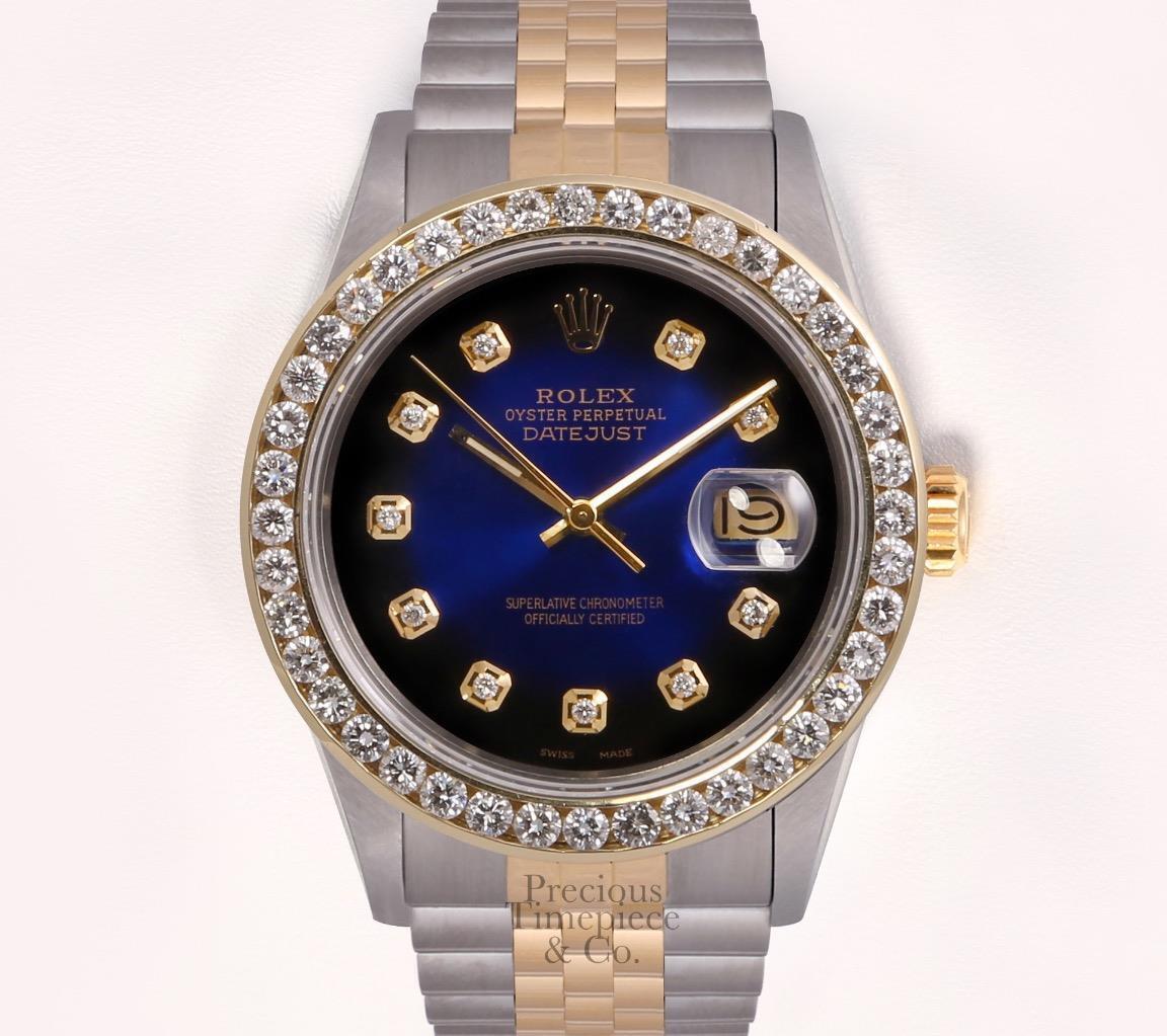 Rolex Datejust Two Tone 18k 3CT Diamond Bezel Watch-Blue Vignette Diamond Dial