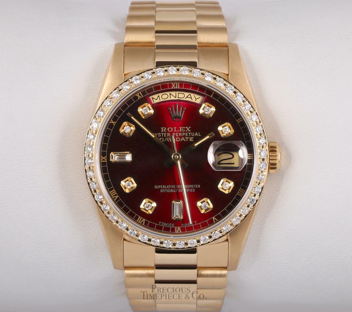 Rolex Day-Date 18038 President 18k Gold-Red Baguette Diamond Dial-Diamond Bezel