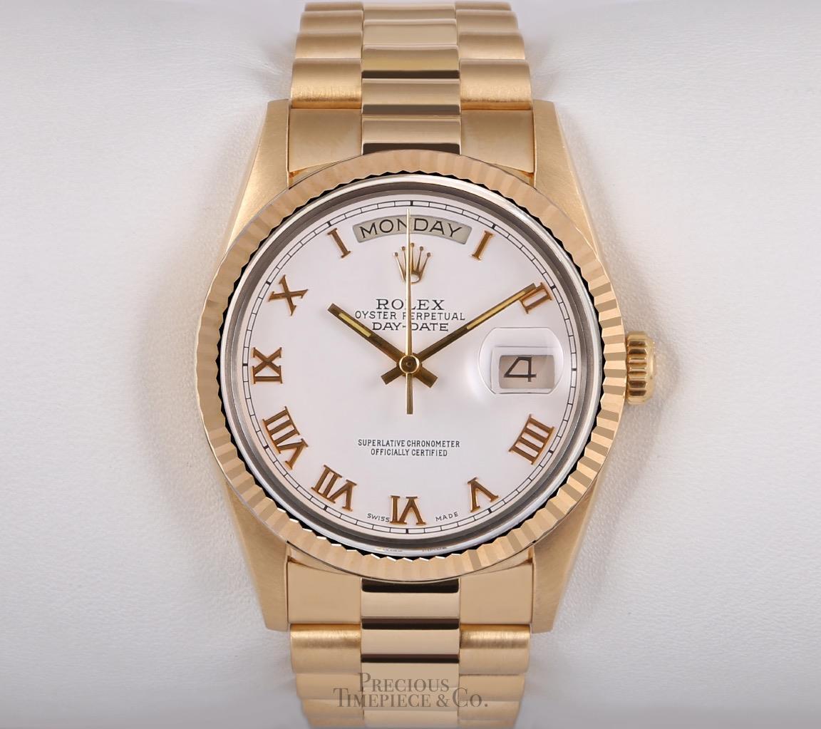 Rolex Men Day-Date 18038 President 18k Solid Yellow Gold Watch-White Roman Dial