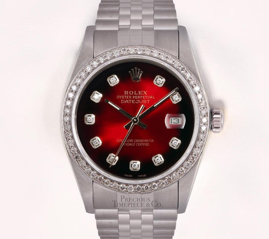 Rolex Datejust Stainless Steel 36mm-Diamond Bezel-Red Vignette Diamond Dial-BOX