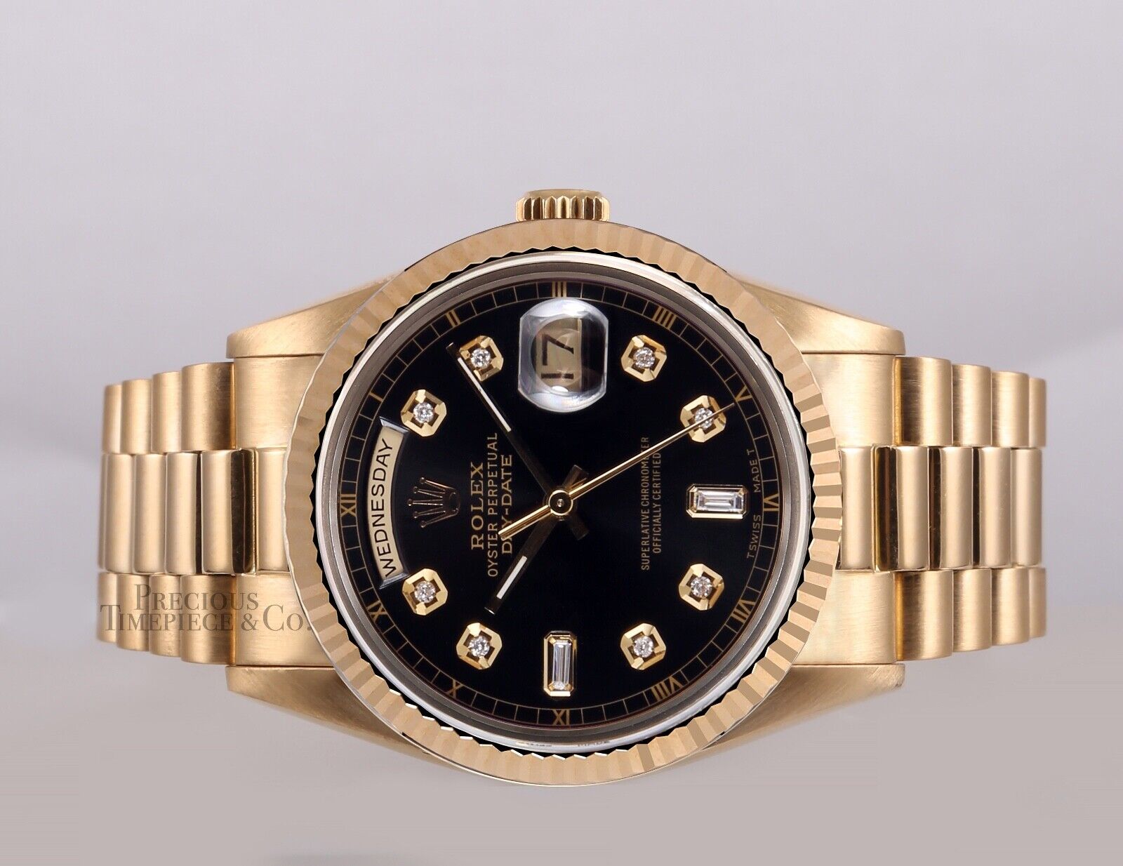 Rolex 18k Gold Day-Date 18238 President 36mm-Black Diamond Dial 18k Fluted Bezel