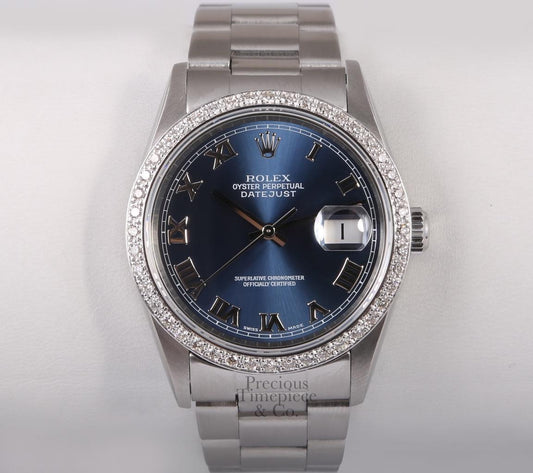 Rolex Datejust S/Steel 36mm Oyster Perpetual Watch-Navy Roman Dial-Diamond Bezel