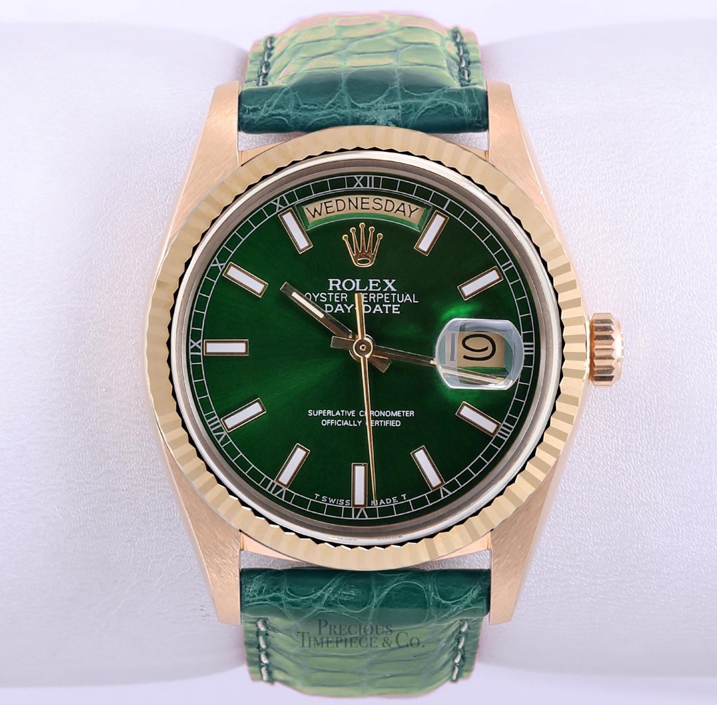 Rolex Day-Date 36mm President 18k Gold 18238-Green Stick Dial-Green Leather Band