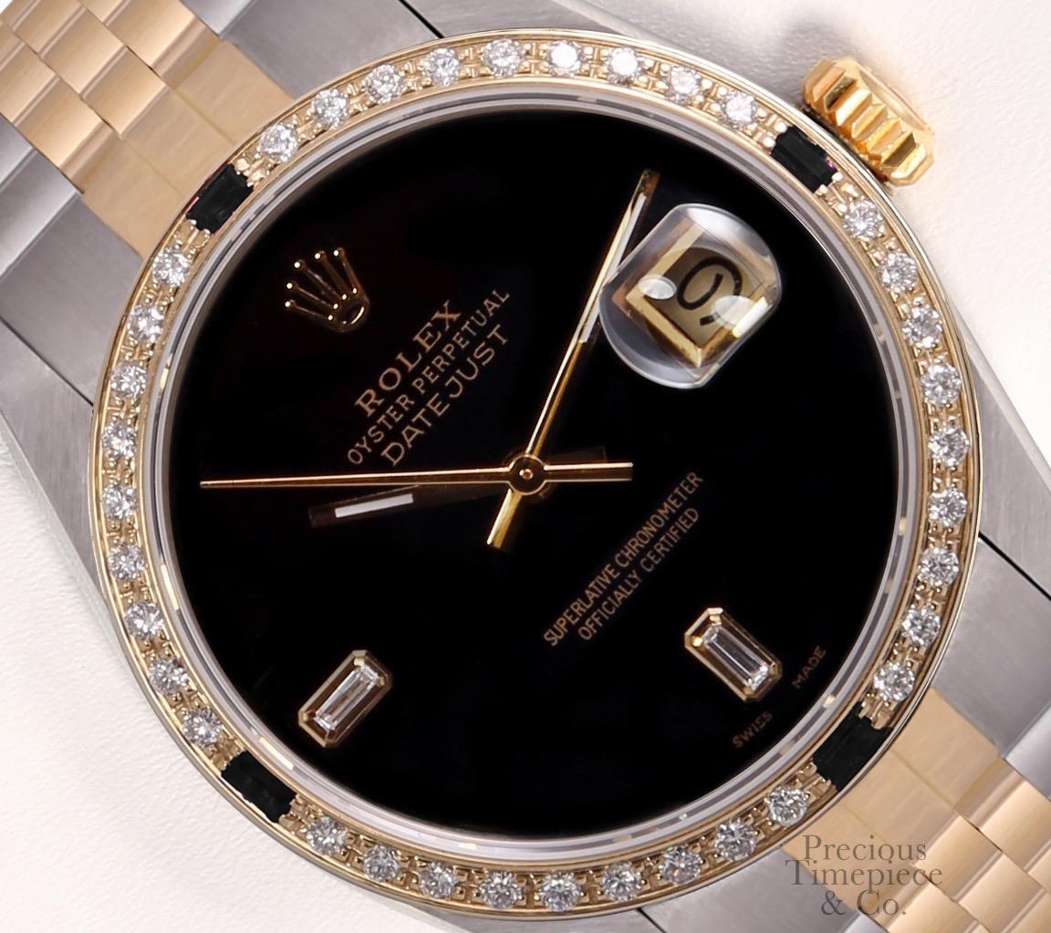 Rolex Men Datejust Two Tone 36mm 18k Sapphire Diamond Bezel-Onyx Baguette Dial