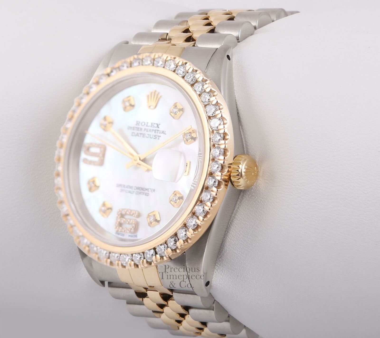 Rolex Datejust Two Tone 36mm 18k 2.5ct Diamond Bezel-White MOP Diamond 6&9 Dial