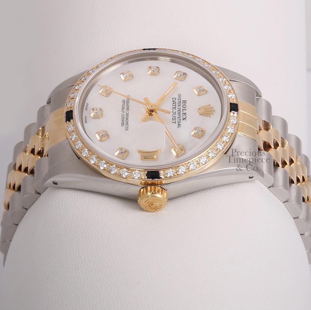 Rolex Datejust Two Tone Gold/SS-White MOP Diamond Dial-Black Gem & Diamond Bezel