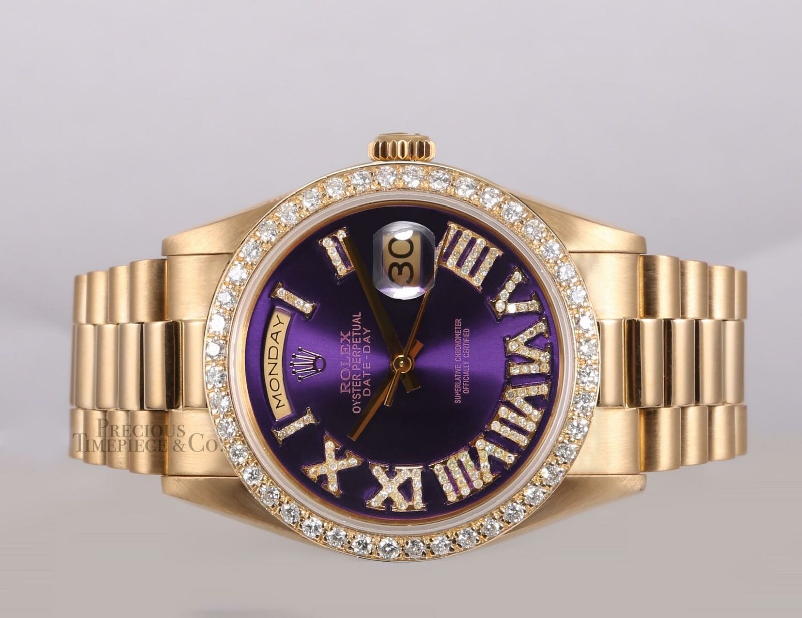 Rolex Day-Date 18038 President 36mm 18k-Purple Roman Diamond Dial-Diamond Bezel