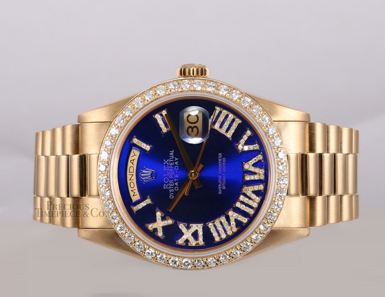 Rolex Men Day-Date 18238 36mm 18k Gold-Blue Diamond Roman Dial-Diamond Bezel