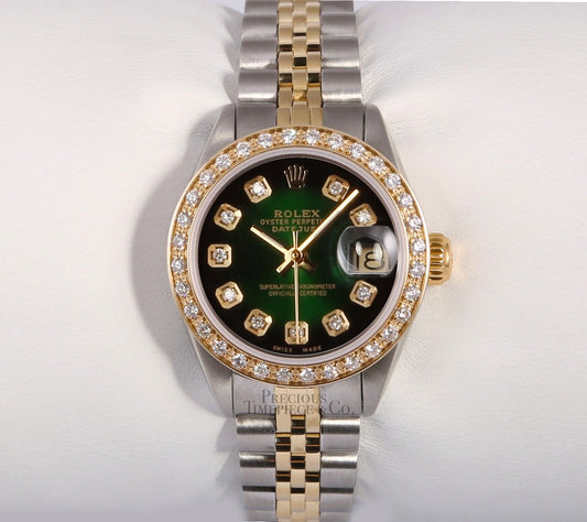 Rolex Lady Datejust 26mm Two Tone 18k Diamond Bezel-Green Vignette Diamond Dial