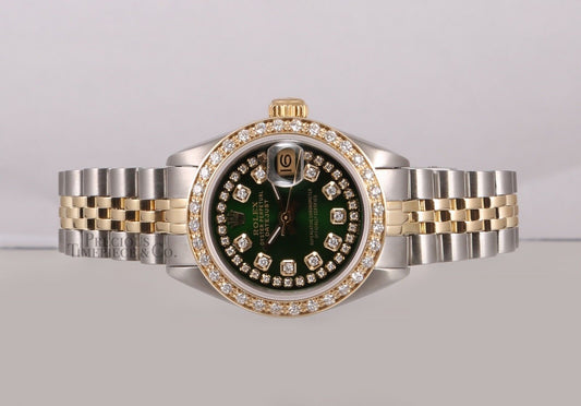 Rolex Lady Datejust 26mm Two Tone 18k/SS-Green String Diamond Dial-Diamond Bezel