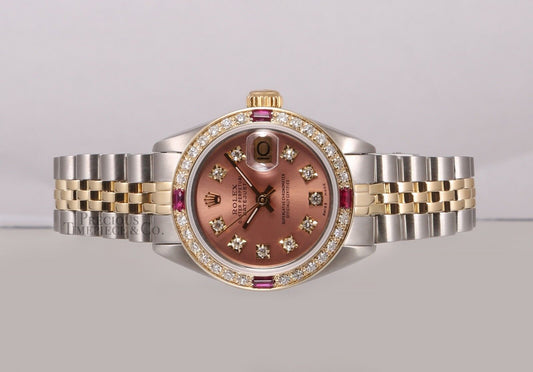 Rolex Lady Datejust 26mm 2 Tone 18k Watch-Salmon Diamond Dial-Ruby Diamond Bezel