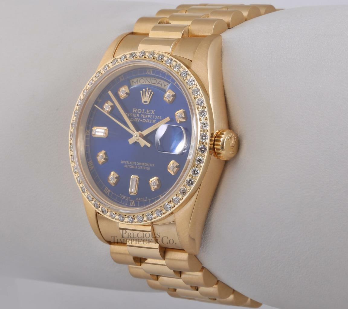 Rolex Day-Date President 18k Gold 18238-Blue Baguette Diamond Dial-Diamond Bezel