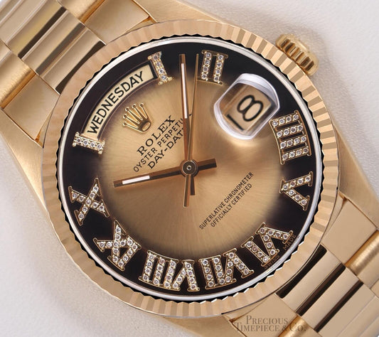 Rolex 36mm Day-Date 18038- 18k Gold Fluted Bezel-Champagne Vignette Roman Dial