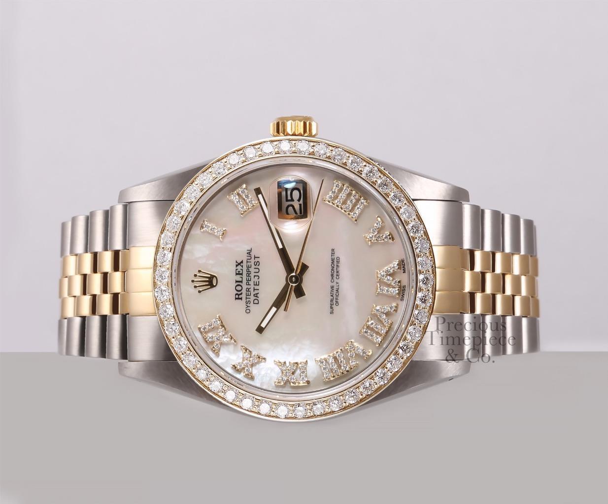 Rolex Mens Datejust TT 18k/SS Watch-Diamond Bezel-White MOP Diamond Roman Dial