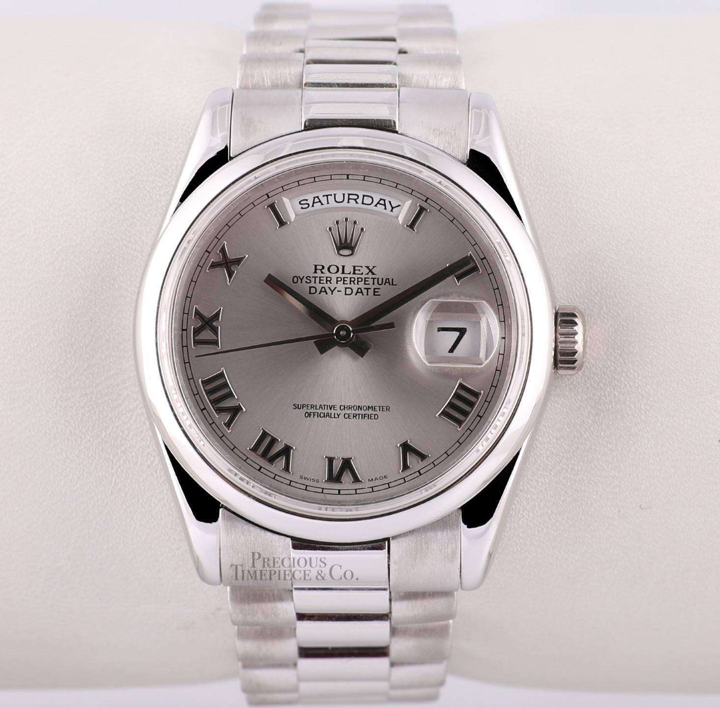 Rolex Day-Date 36mm Presidential 118209 18k White Gold-Silver Roman-Box & Paper