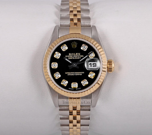 Rolex Lady Datejust 26mm Two Tone SS 18k Gold Fluted-Custom Black Diamond Dial