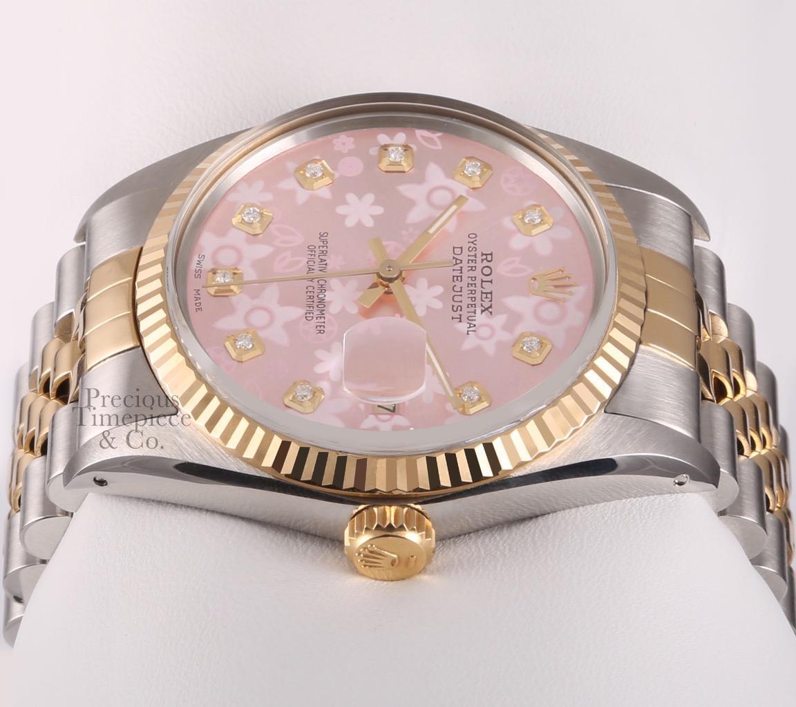 Rolex Men Datejust 36mm Two Tone 18k Fluted-Diamond Pink Floral Motif Dial