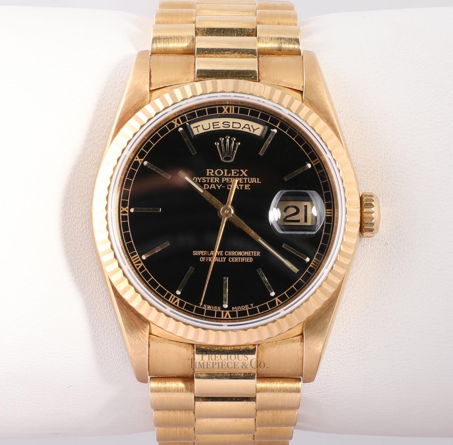 Rolex Day-Date 18238 Presidential- 18k Gold Fluted Bezel 36mm-Black Stick Dial