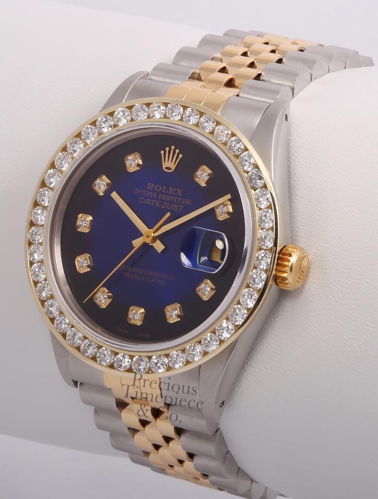 Rolex Datejust Two Tone 18k 3CT Diamond Bezel Watch-Blue Vignette Diamond Dial