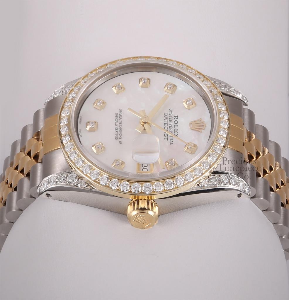 Rolex Men Datejust 36mm 18k/SS Watch Diamond Bezel- Lugs-White MOP Diamond Dial