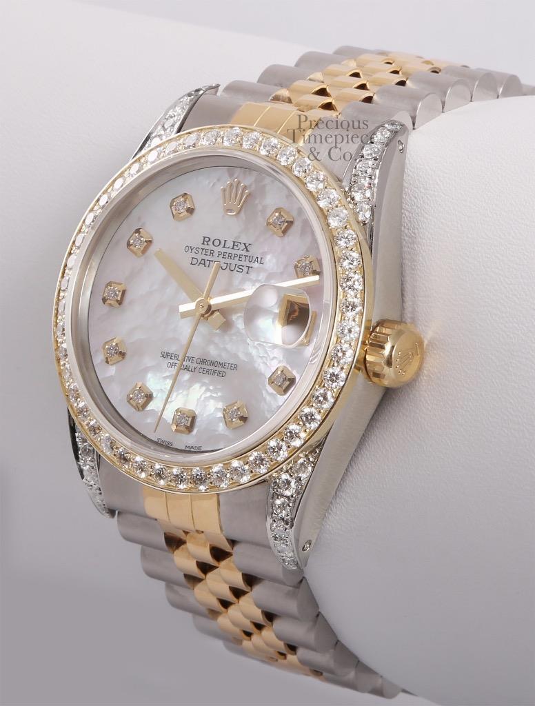 Rolex Men Datejust 36mm 18k/SS Watch Diamond Bezel- Lugs-White MOP Diamond Dial