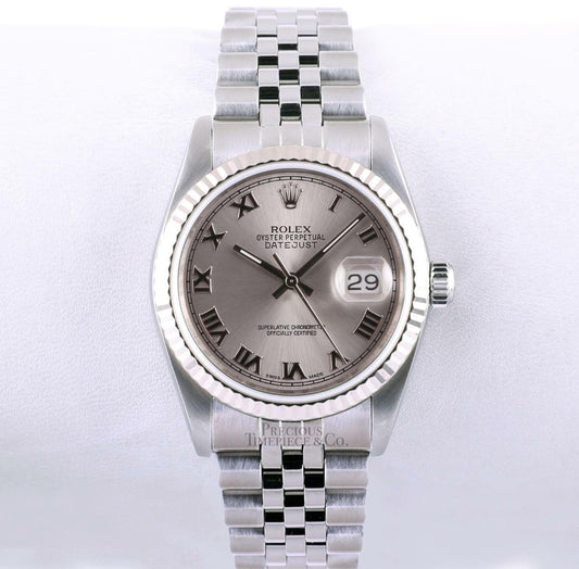 Rolex Lady Datejust 78274 Steel 31mm Watch 18k Fluted Bezel Silver Roman Dial