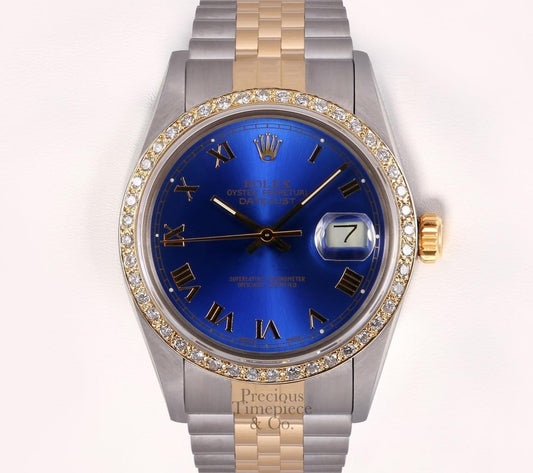 Rolex Datejust Two Tone 36mm Steel 18k Gold Diamond Bezel-Blue Roman Dial Watch