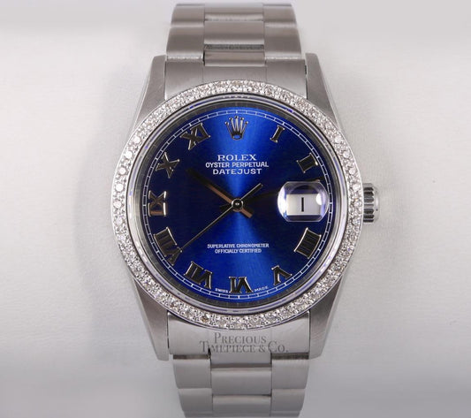 Rolex Datejust Stainless Steel 36mm Oyster Watch-Blue Roman Dial-Diamond Bezel