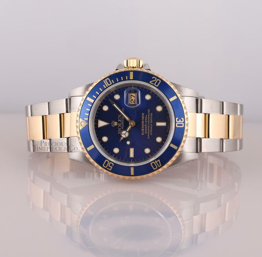 Rolex Submariner 16613 Watch Two Tone 18k Gold-Blue Dial-Blue Insert-Box & Paper