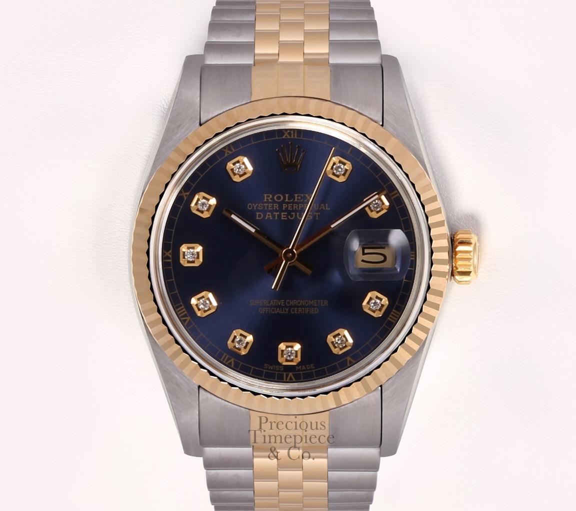 Rolex Datejust 36mm Two Tone Stainless Steel 18k Fluted Bezel-Navy Diamond Dial