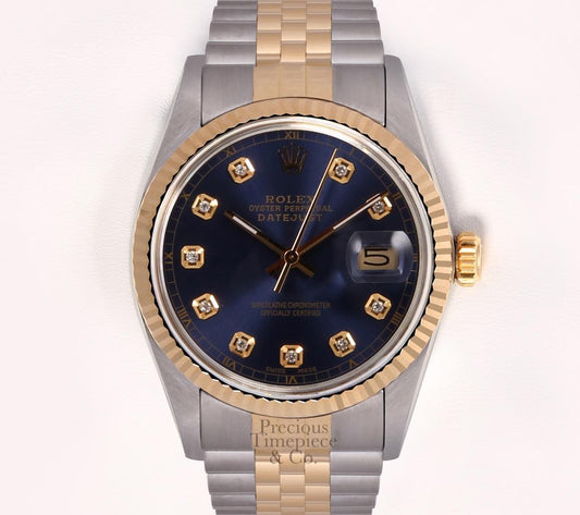 Rolex Datejust 36mm Two Tone Stainless Steel 18k Fluted Bezel-Navy Diamond Dial