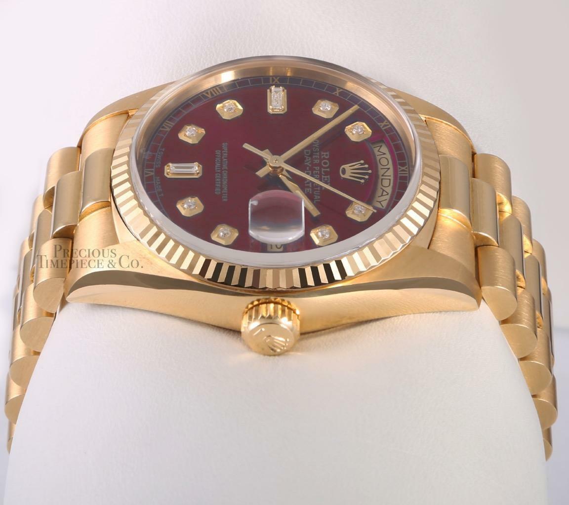 Rolex Men Day-Date 18038 President 36mm 18k Gold Watch-Red Baguette Diamond Dial