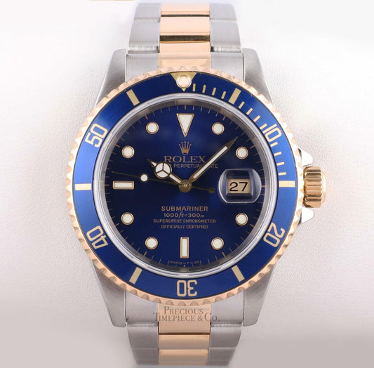 Rolex Submariner 16613 Watch Two Tone 18k Gold-Blue Dial-Blue Insert-Box & Paper