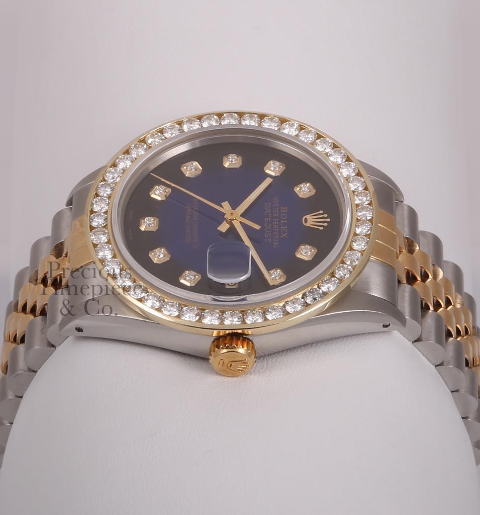 Rolex Datejust Two Tone 18k 3CT Diamond Bezel Watch-Blue Vignette Diamond Dial