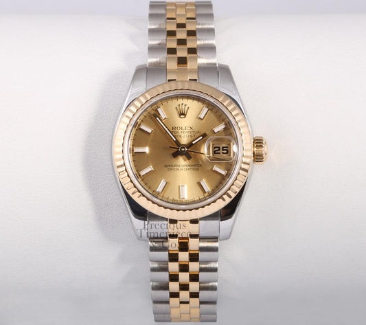 Rolex Lady Datejust 179173 Two Tone 18k Steel Watch-Champagne Dial Fluted Bezel