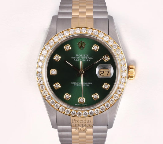 Rolex Datejust Two Tone S/Steel & 18k 1.7 Diamond Bezel-Green Diamond Dial-36mm