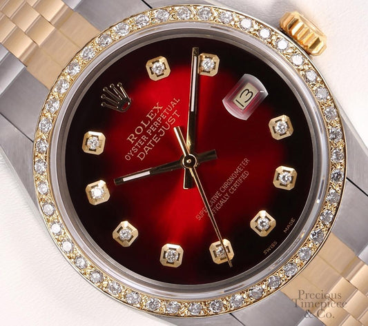 Rolex Datejust Two Tone 36mm Watch-18k Diamond Bezel-Red Vignette Diamond Dial