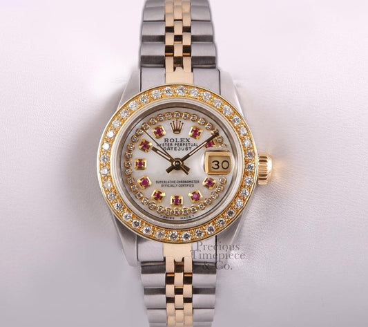 Rolex Lady Datejust 18k/SS 26mm-White MOP Ruby String Diamond Dial-Diamond Bezel