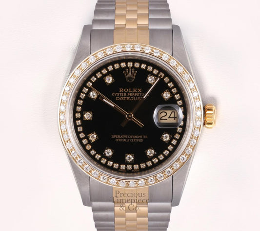 Rolex Datejust Two Tone 36mm S/Steel 18k Diamond Bezel-String Diamond Black Dial