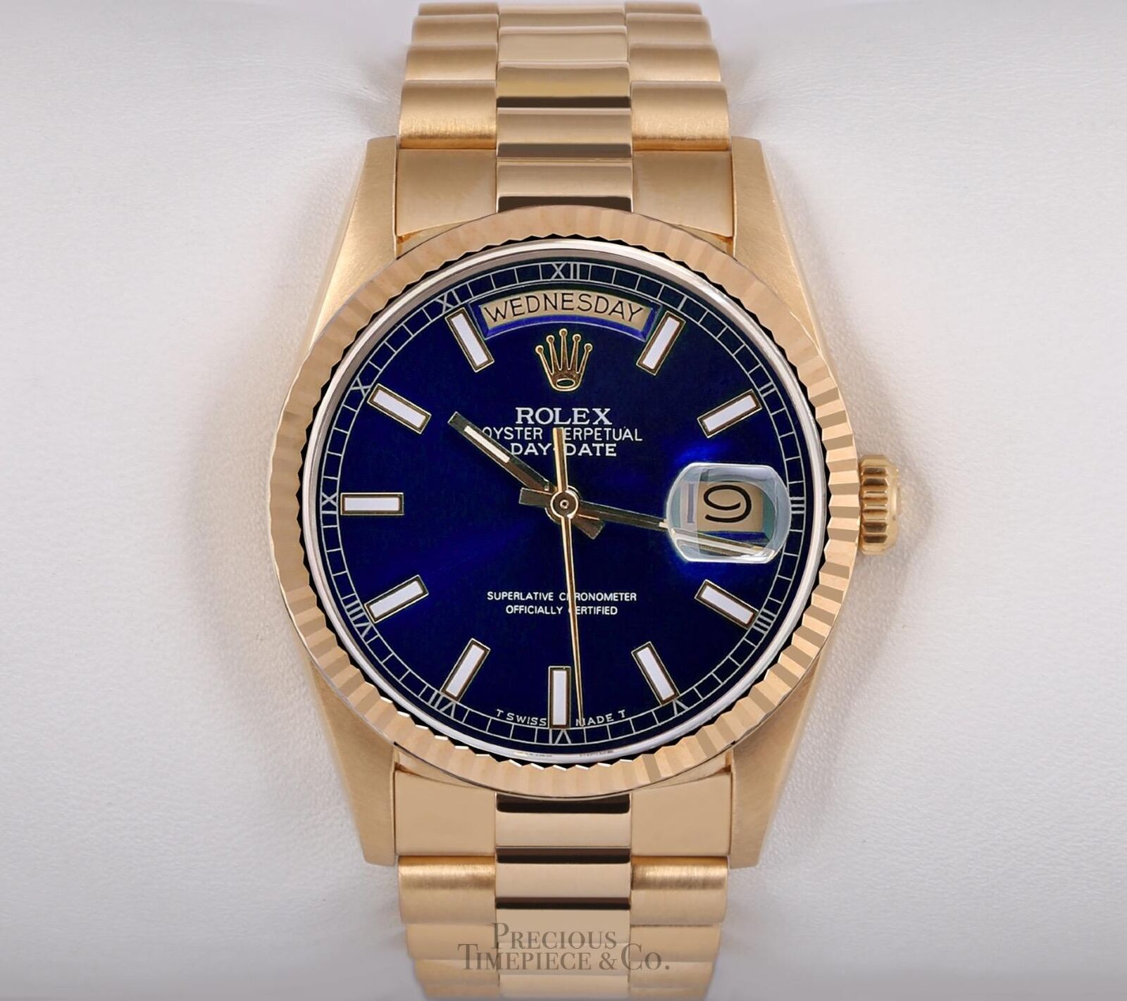 Rolex Men Day-Date 18238 Presidential-18k Gold Fluted Bezel 36mm-Blue Stick Dial