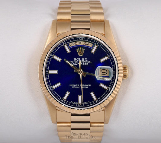 Rolex Men Day-Date 18238 Presidential-18k Gold Fluted Bezel 36mm-Blue Stick Dial